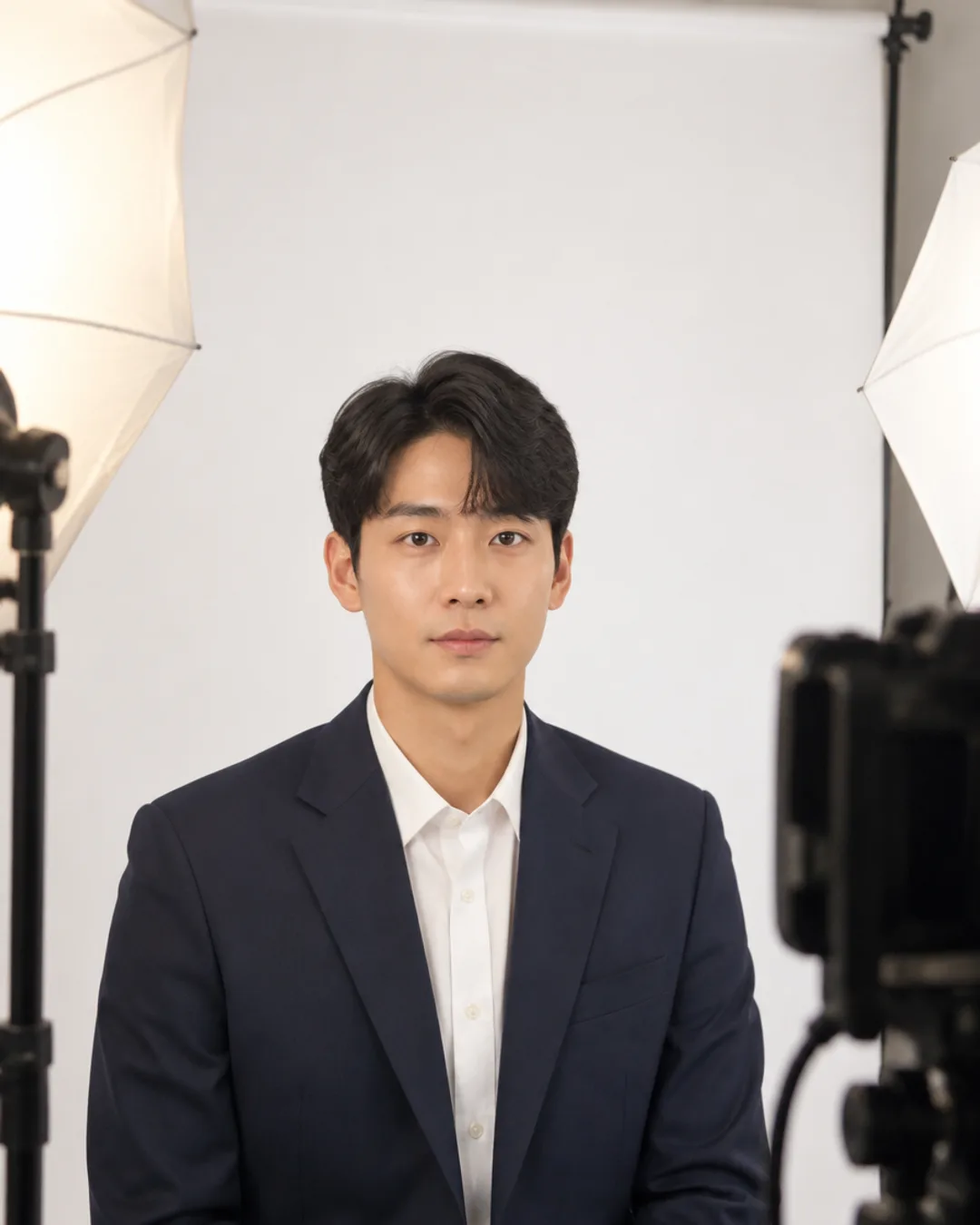 정장 차림으로 흰 배경 앞에서 증명사진을 찍는 남성 예시