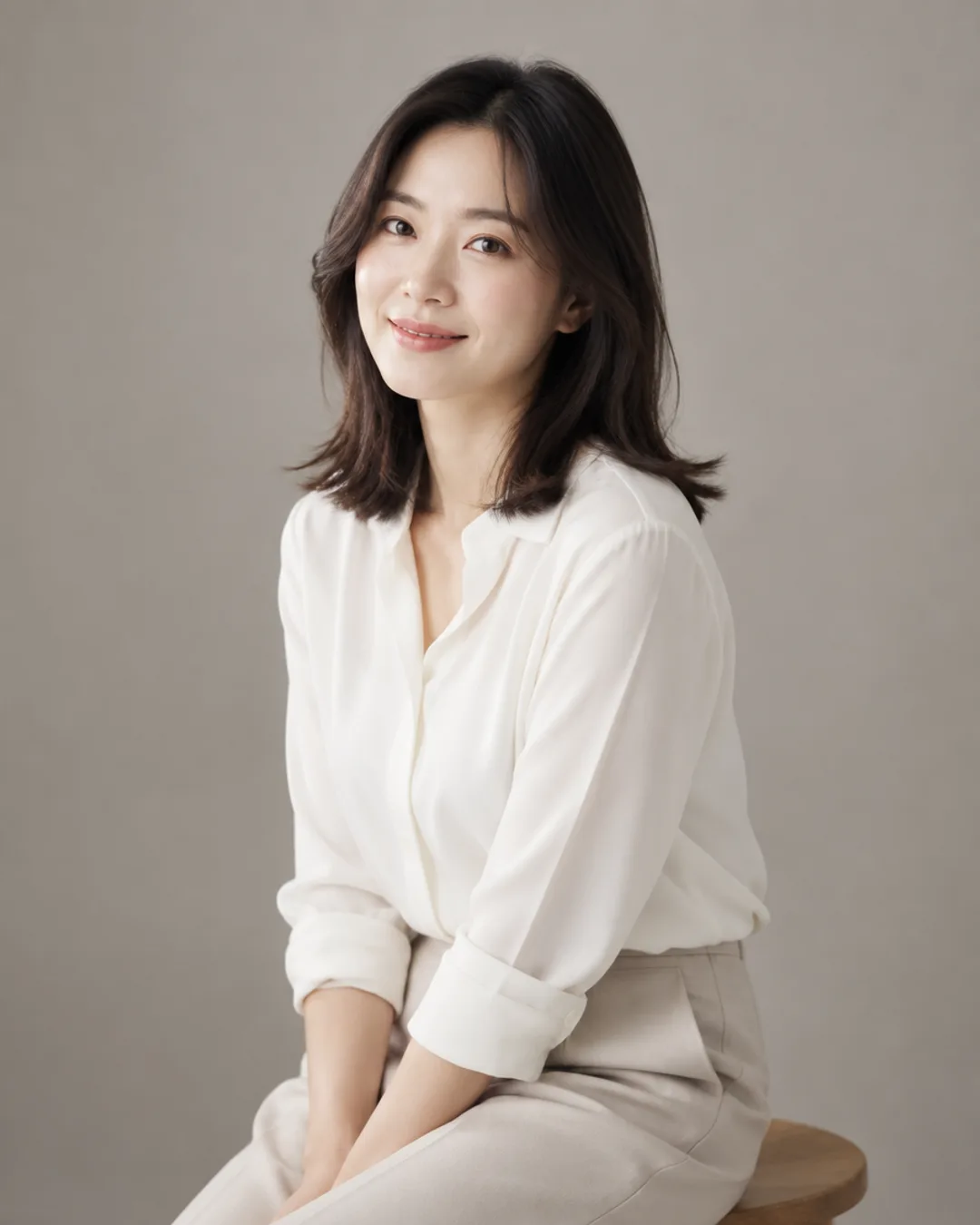 흰 블라우스를 입고 회색 배경 앞에 앉은 여성 프로필 예시