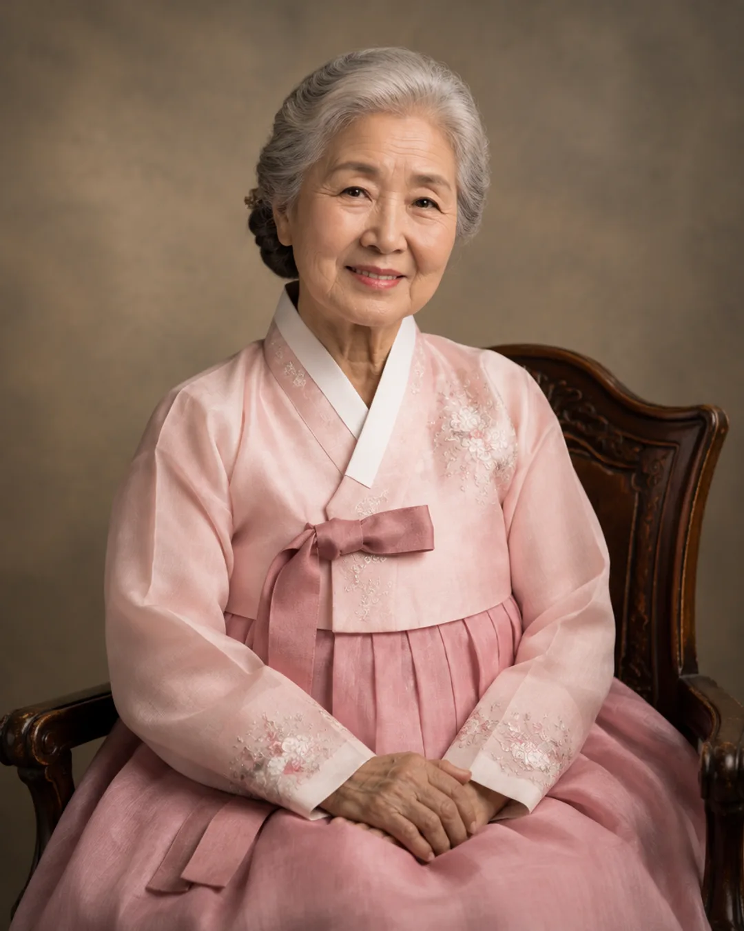 분홍 한복을 입고 나무 의자에 앉은 할머니 장수사진 예시